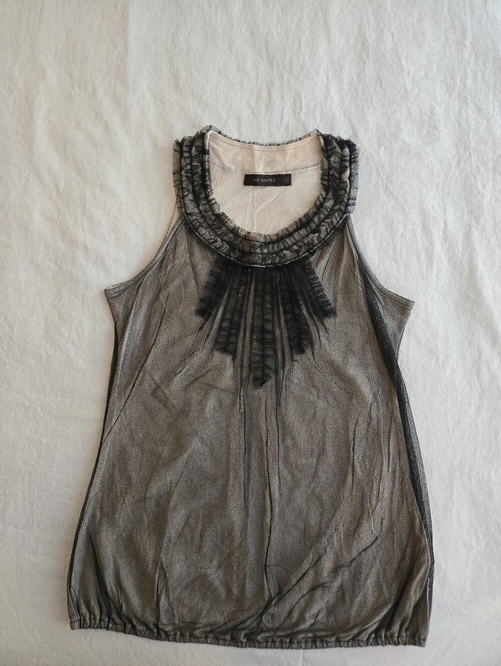 The Limited Y2K Black Mesh Overlay Ruffle Neck Beige Lined Tank Top EB5